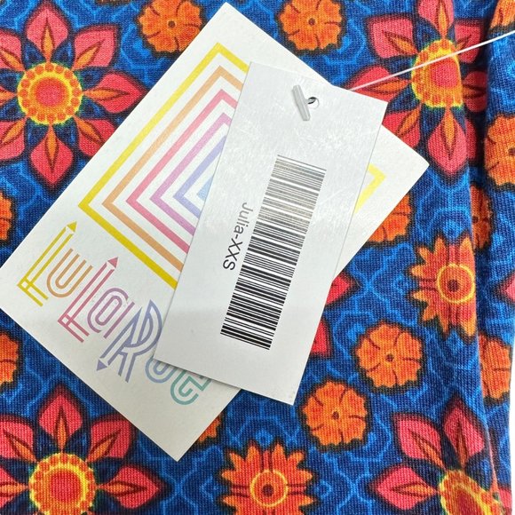LuLaRoe Retired Julia Dress XXS Blue with Orange Florals SS Form Fitting NWT - Picture 4 of 9